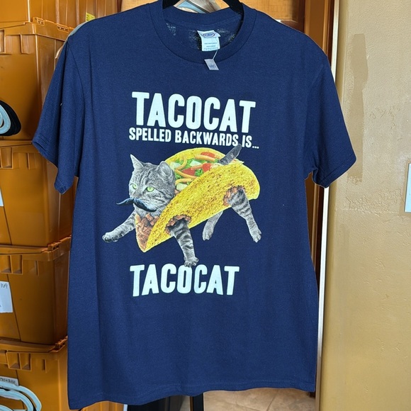 NWT Delta TACOCAT Spelled Backwards is TACOCAT Kitty Cat Navy Tee Size Medium - Picture 5 of 9